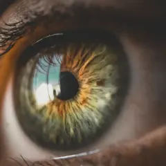 Zbliżenie na zielono-brązowe oko z widocznymi refleksami i rzęsami.