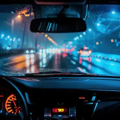 Widok z wnętrza samochodu nocą. Rozmazane światła miasta i reflektory samochodów tworzą efekt astygmatyzmu w nocy, jakby przez zaparowaną szybę.