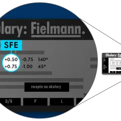 Okulary Fielmann z receptą na astygmatyzm. Wartości plusowe i minusowe soczewek, cylinder i oś.