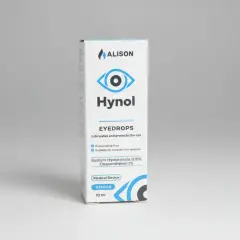 Pudełko kropli do oczu Hynol z hialuronianem sodu 0.15%. Nawilża i chroni oczy, odpowiednie dla noszących soczewki.