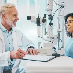 Okulista bada wzrok pacjentki. Lekarz w białym fartuchu notuje coś na kartce. Obok stoi aparat do badania oczu. Czy to może być związane z tym, co to jest HRT?