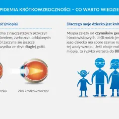 Ilustracja oka bez wady wzroku i oka krótkowzrocznego, obok schemat rodziny.