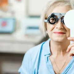Starsza kobieta z soczewkami próbnymi na oczach, badanie wzroku w celu diagnozy zaburzeń widzenia ICD 10.