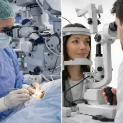 Chirurg podczas operacji oka i pacjentka podczas badania wzroku u okulisty. Nowoczesna optometria w akcji.