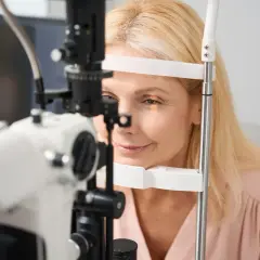 Kobieta poddawana badaniu pachymetrii oka. Urządzenie mierzy grubość rogówki, kluczowe dla diagnostyki jaskry.