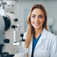 Uśmiechnięta ortoptystka w białym fartuchu przy nowoczesnym sprzęcie okulistycznym.