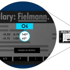 Dane z recepty na okulary Fielmann, wskazujące na zaburzenia refrakcji i akomodacji: D +0.50 -0.75 140°, D +0.75 -1.00 45°.