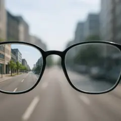 Okulary korygujące wadę wzroku, pokazujące ostry obraz ulicy przez jedno szkło i rozmazany przez drugie.