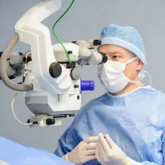 Chirurg w masce i czepku operacyjnym wykonuje trabekulektomię, używając mikroskopu.