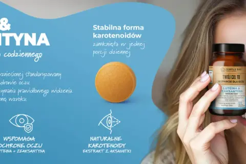 Uśmiechnięta kobieta trzyma suplement diety z luteiną i zeaksantyną, wspierający zdrowie oczu.