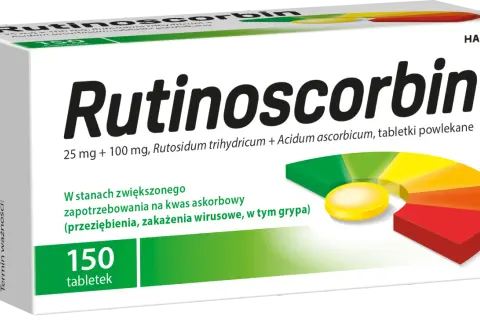 Opakowanie Rutinoscorbinu, 150 tabletek. Pomaga w stanach zwiększonego zapotrzebowania na witaminę C, np. przy przeziębieniu.