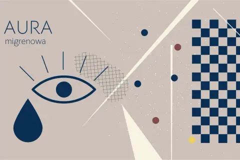 AURA migrenowa: oko z łzą i geometryczne wzory, symbolizujące zaburzenia widzenia.