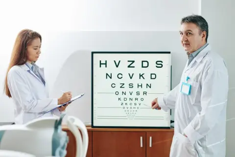 Lekarz wskazuje na tablicę Snellena podczas badania dna oka. Asystentka notuje wyniki.