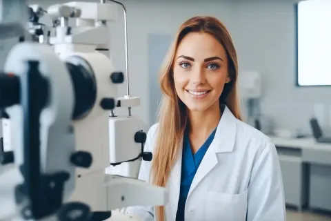 Uśmiechnięta ortoptystka w białym fartuchu przy nowoczesnym sprzęcie okulistycznym.