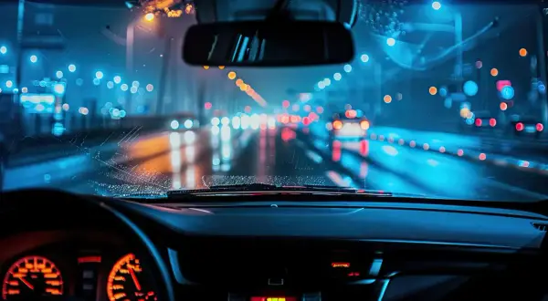 Widok z wnętrza samochodu nocą. Rozmazane światła miasta i reflektory samochodów tworzą efekt astygmatyzmu w nocy, jakby przez zaparowaną szybę.