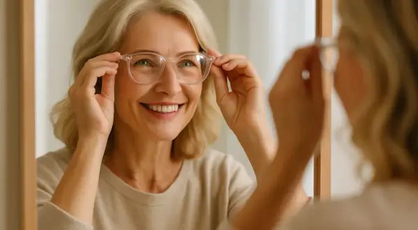 Uśmiechnięta kobieta przymierza okulary, zastanawiając się, jakie okulary odmładzają. Jasne oprawki dodają jej blasku.
