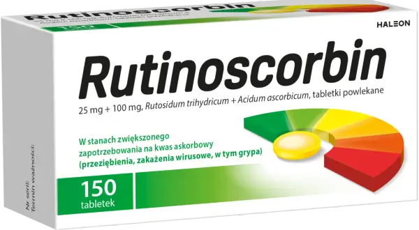 Opakowanie Rutinoscorbinu, 150 tabletek. Pomaga w stanach zwiększonego zapotrzebowania na witaminę C, np. przy przeziębieniu.