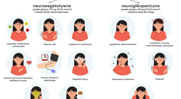 Ilustracja pokazuje objawy hipoglikemii reaktywnej, w tym niepokój, drżenie rąk, nadmierną potliwość, splątanie, trudności z mową, zaburzenia widzenia (słaby wzrok), nudności, utratę przytomności i drgawki.