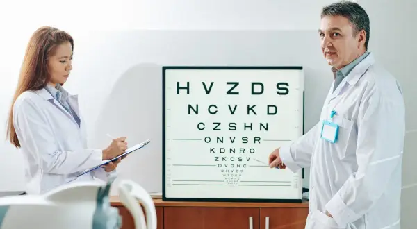 Lekarz wskazuje na tablicę Snellena podczas badania dna oka. Asystentka notuje wyniki.