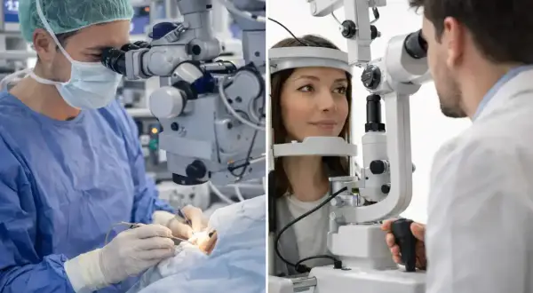 Chirurg podczas operacji oka i pacjentka podczas badania wzroku u okulisty. Nowoczesna optometria w akcji.