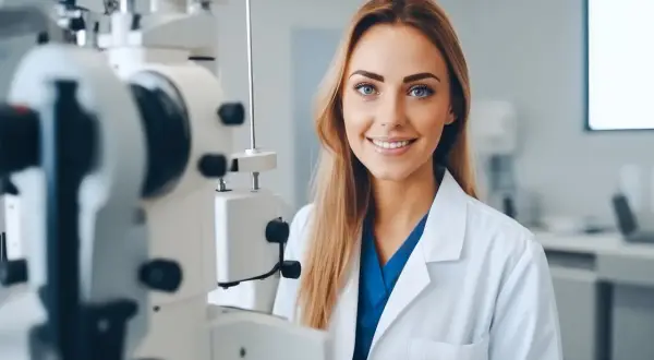 Uśmiechnięta ortoptystka w białym fartuchu przy nowoczesnym sprzęcie okulistycznym.