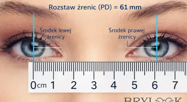 Jak dobrać rozmiar okularów? Pomiar rozstawu źrenic (PD) na zdjęciu: 61 mm. Wskazówki dotyczące dopasowania okularów.