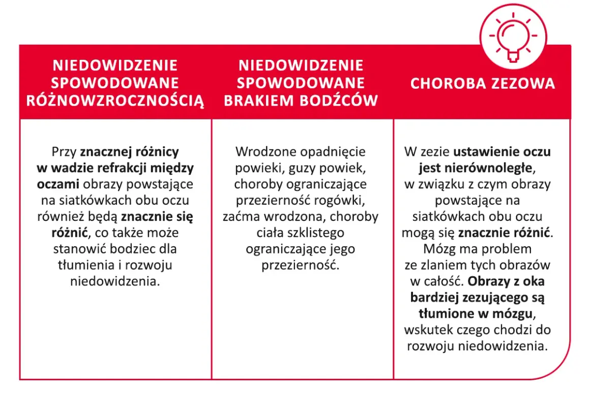 Trzy przyczyny niedowidzenia: różnowzroczność, brak bodźców (np. opadnięta powieka) i zez. Obrazy z oka zezującego są tłumione, co prowadzi do rozwoju niedowidzenia.