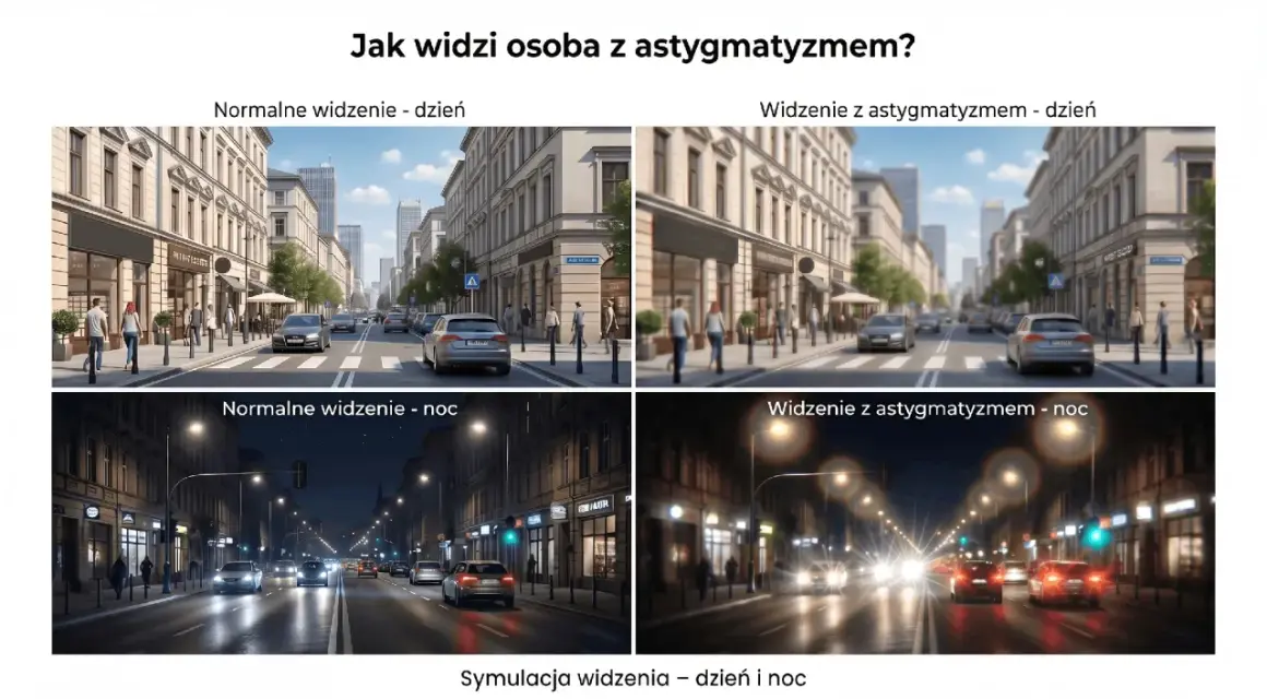 Symulacja widzenia ulicy w dzień i w nocy. Pokazuje, jak astygmatyzm jak widzi, rozmazując obrazy i tworząc poświaty wokół świateł.