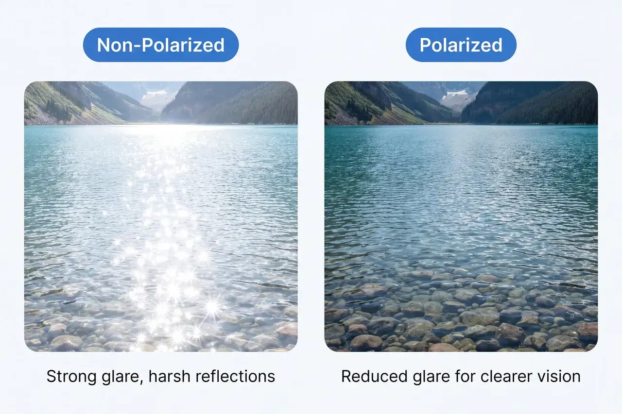 Porównanie widoku jeziora: po lewej silne odbicia światła, po prawej dzięki polaryzacji widać kamienie pod wodą.