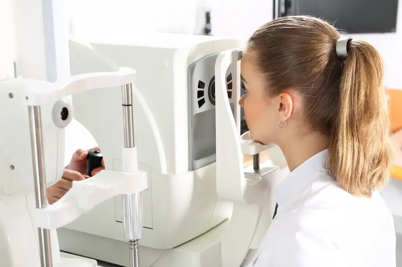 Badanie wzroku u okulisty. Pacjentka korzysta z urządzenia do badania oczu, które może pomóc w diagnostyce chorób, np. jaskry. Hrt co to? To badanie OCT.
