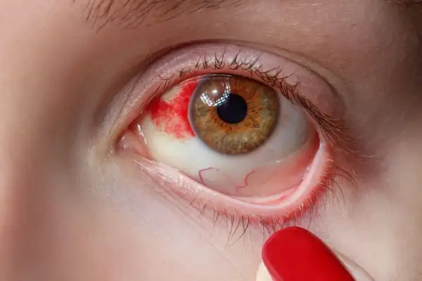Czerwone, podrażnione oko z widocznymi naczynkami.