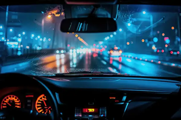 Widok z wnętrza samochodu nocą. Rozmazane światła miasta i reflektory samochodów tworzą efekt astygmatyzmu w nocy, jakby przez zaparowaną szybę.