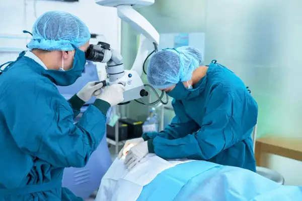 Chirurdzy w maseczkach i czepkach operują przy użyciu mikroskopu.