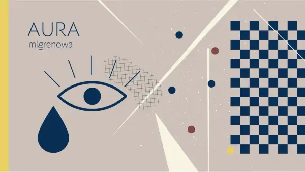 Grafika z okiem, łzą i tekstem "AURA migrenowa" na tle geometrycznych kształtów.