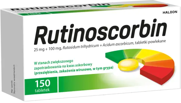 Opakowanie Rutinoscorbinu, 150 tabletek. Pomaga w stanach zwiększonego zapotrzebowania na witaminę C, np. przy przeziębieniu.