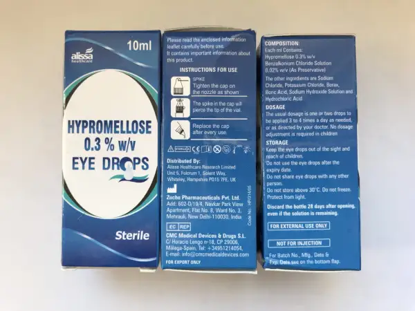 Opakowanie kropli do oczu z hypromelozą 0,3% w/v, 10ml. Instrukcja użycia i skład.
