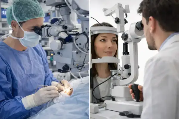 Chirurg podczas operacji oka i pacjentka podczas badania wzroku u okulisty. Nowoczesna optometria w akcji.