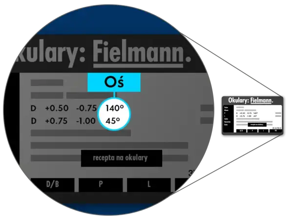 Dane z recepty na okulary Fielmann, wskazujące na zaburzenia refrakcji i akomodacji: D +0.50 -0.75 140°, D +0.75 -1.00 45°.