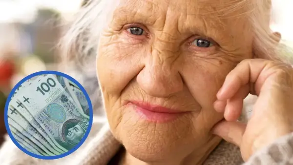 Starsza pani z zamyśloną miną, obok stos banknotów 100 zł. Czy wada wzroku a zasiłek pielęgnacyjny to temat dla niej?