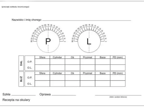 Formularz recepty na okulary z polami do wpisania danych pacjenta, parametrów soczewek do dali i bliży, oraz miejscem na szkła i oprawę.